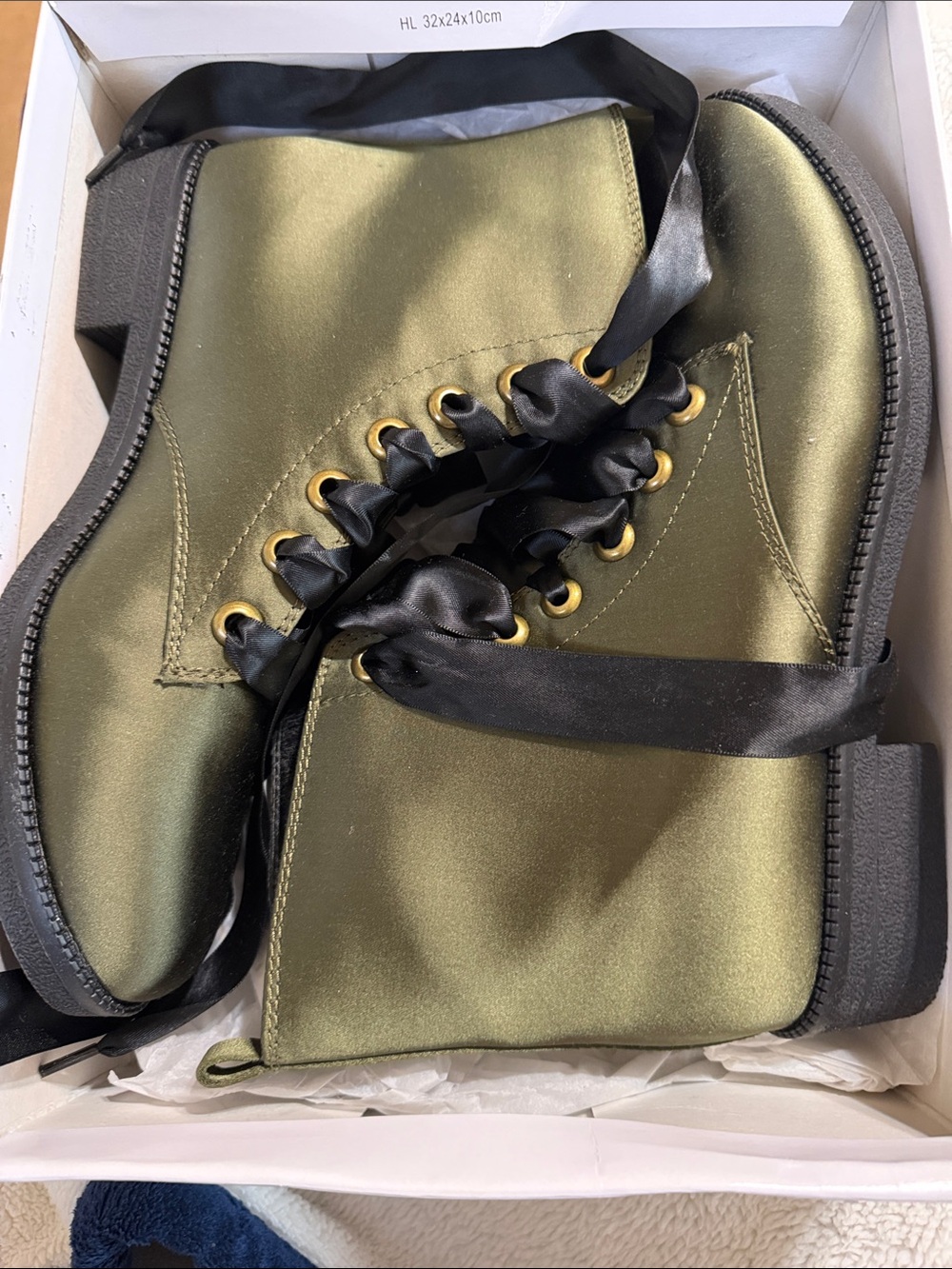 Olive Satin Lace-Up Ribbon Ankle Boots